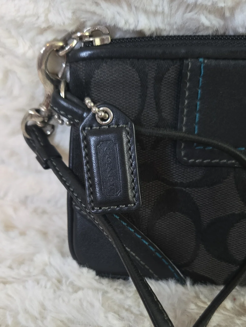Coach Black Signature Canvas Wristlet with Blue Interior
